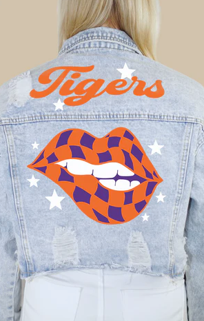 Tigers Checkered Lips Print Denim Jacket