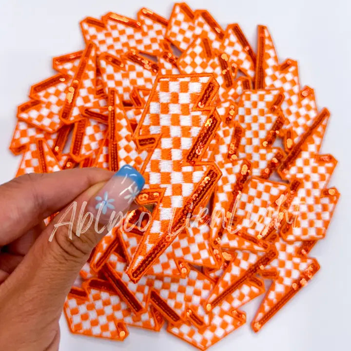 Orange Sequin Checkered Lightening Bolt Iron On Patch