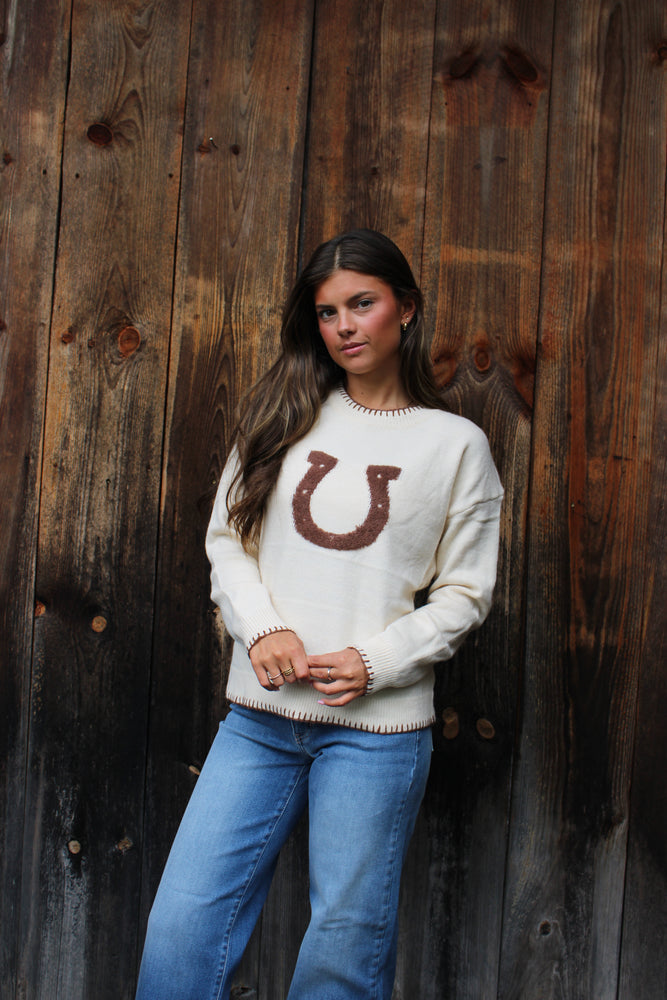 Journee Horse Shoe Embroidered Sweater