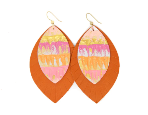Keva Style Sunset Waves with Orange Leather Earrings