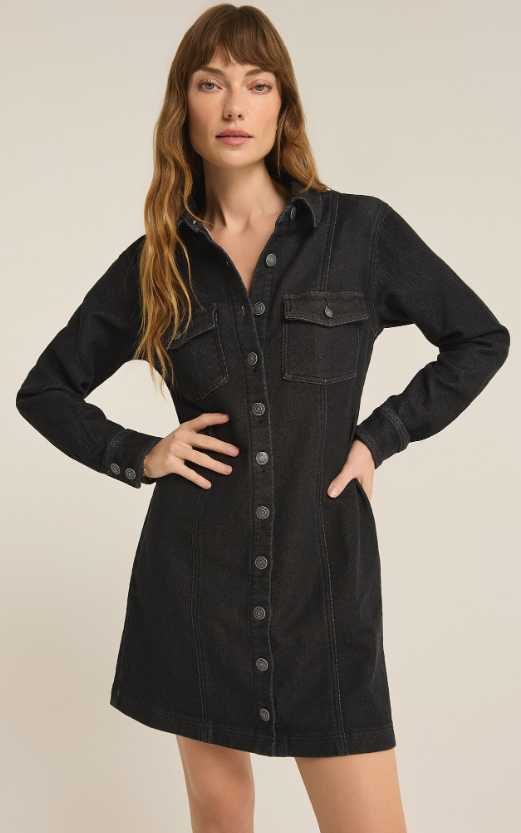 Z Supply Women's Candice Knit Denim Mini Dress, Black Sand, Large