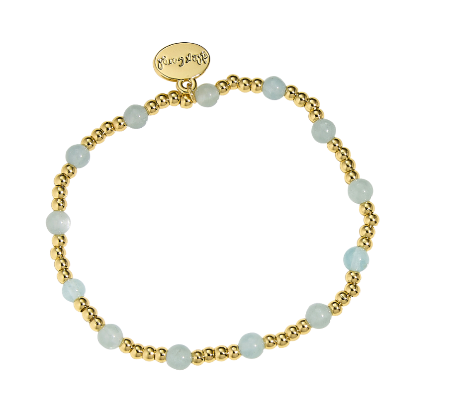 Alex Carol Jewelry 3MM  Gold Bead Bracelet with Medium Aquamarine Stones