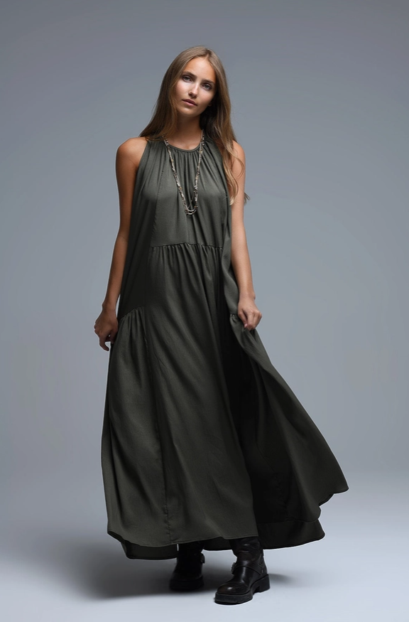 khaki halter neck dress Marissa Maxi Khaki / S Ankle Boots Black Dress Spring23 For cooler evenings Hood Colors:Gold & Maroon
