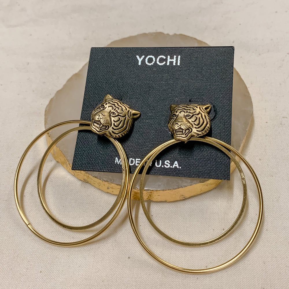 Gold Double Hoop Tiger Earrings